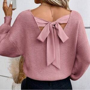 Ribbon Bow Rose Color Cozy Knit V-Neck Sweater EUC